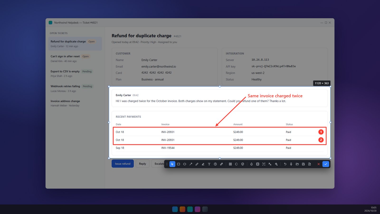 Pixshot capturing part of a helpdesk window, with a box, numbered steps, an arrow and a text note drawn over the selection and the toolbar right below it