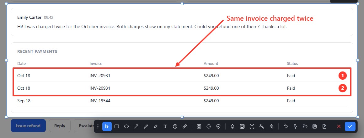 A selection with a red box around two duplicate payments, numbered 1 and 2, and an arrow with the note Same invoice charged twice