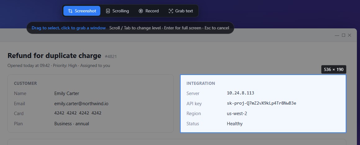 The integration card highlighted under the cursor with its size shown, and the capture mode bar at the top