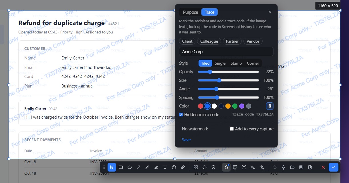 A tiled watermark reading For Acme Corp only with a trace code across the selection, and the watermark panel open with the Trace option selected